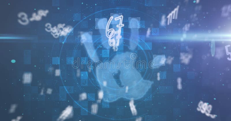 Image of biometric hand print with numbers changing and scope scanning royalty free stock photography