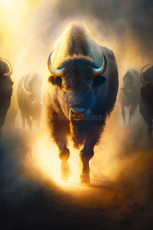 Image of Bison Walking through Group of Other Bison in the Fog