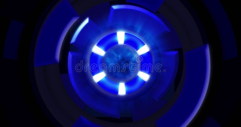 Image of blue circular interfaces spinning over black background stock illustration