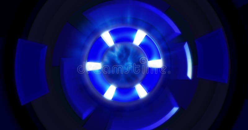 Image of blue circular interfaces spinning over black background stock illustration