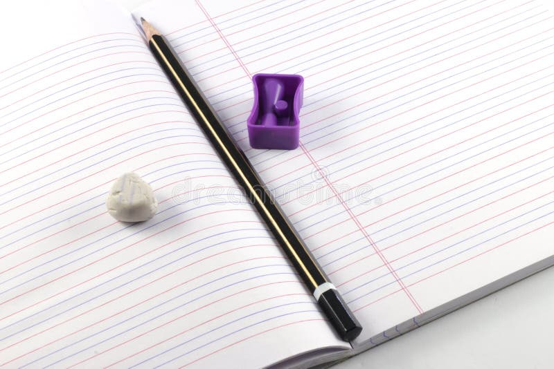 Pencil, Sharpener, Eraser, Book, Work and Play. Childhood. Stock Image Image of depicted