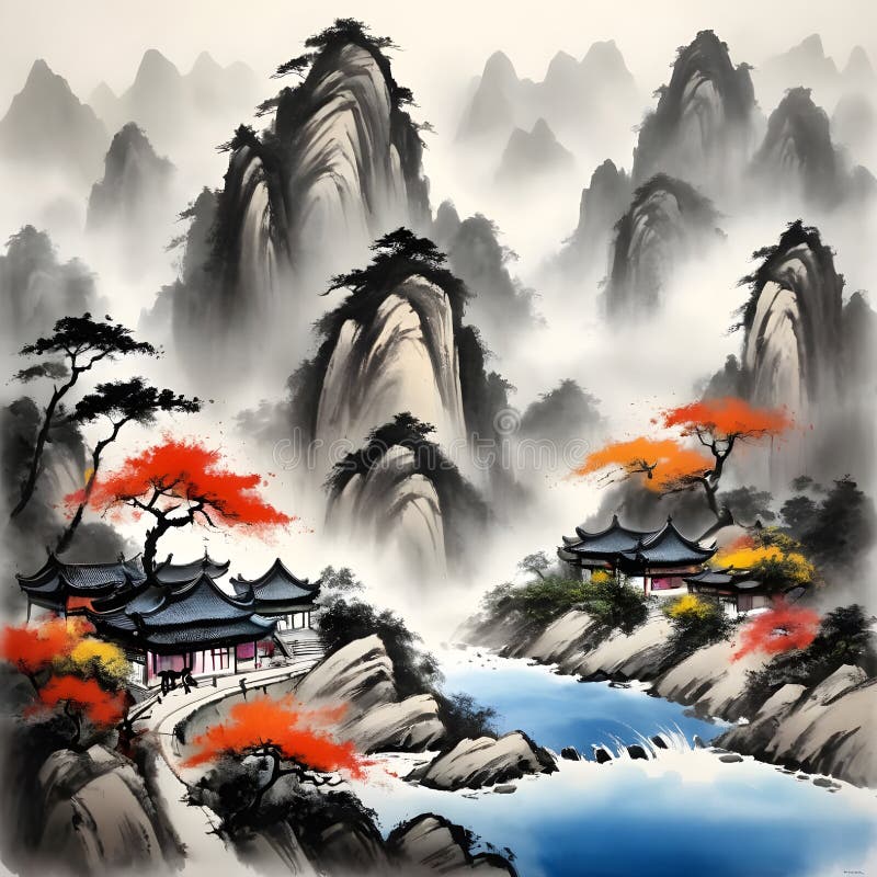 Spectacular Pine Tree and Waterfalls Chinese Painting, Chinese