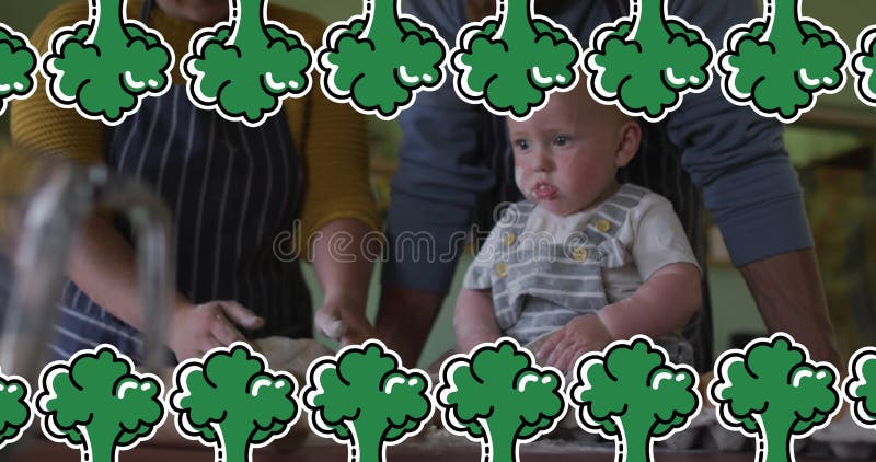 Image of broccoli icons over caucasian family cooking. Family, food and digital interface concept digitally generated image.