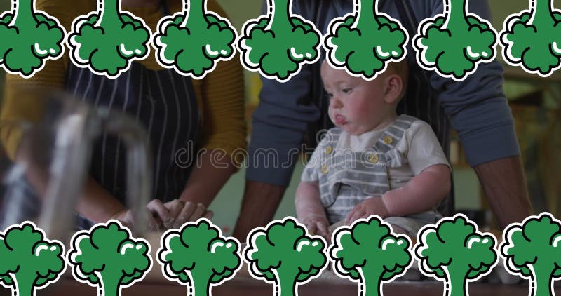 Image of broccoli icons over caucasian family cooking. Family, food and digital interface concept digitally generated image.