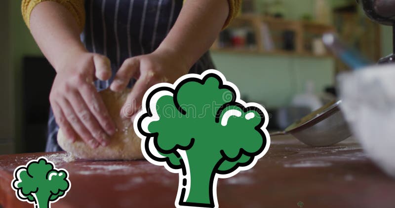 Image of broccoli icons over caucasian woman cooking. Family, food and digital interface concept digitally generated image.