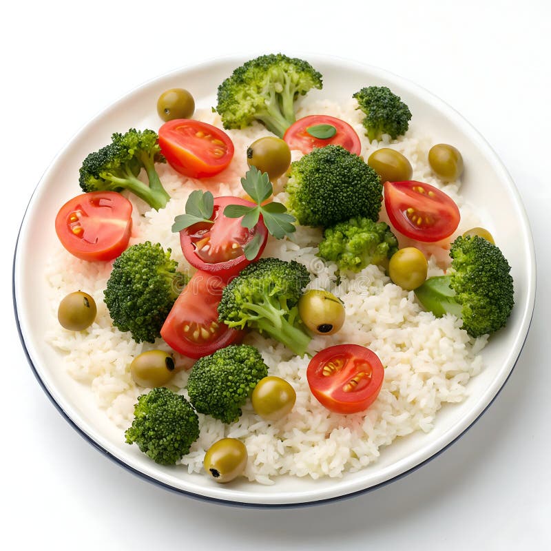 Floating Broccoli, Tomatoes, and Olives with Rice Isolated on White Background. Image of broccoli, tomatoes, and olives appearing to float above rice, isolated on a white background
