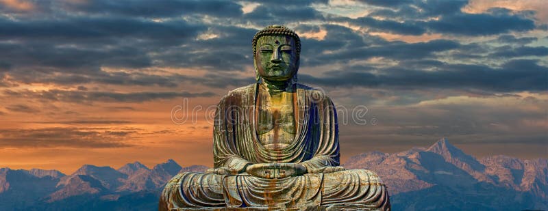 Image of buddha with mountains at dawn background