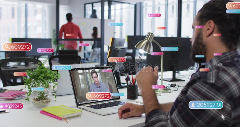 Image call with data processing image over office workspace stock photo