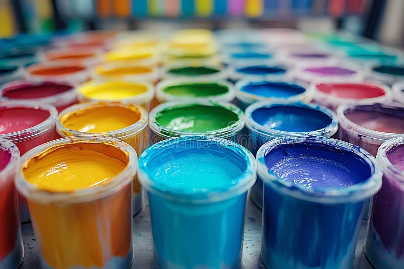 A Rainbow of Colors Open Paint Pots Ready for Creation royalty free illustration