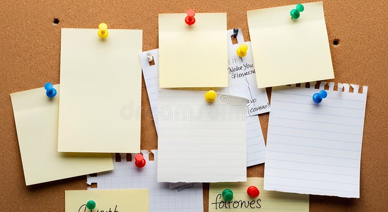 Blank notes and colorful pushpins on a cork board stock illustration