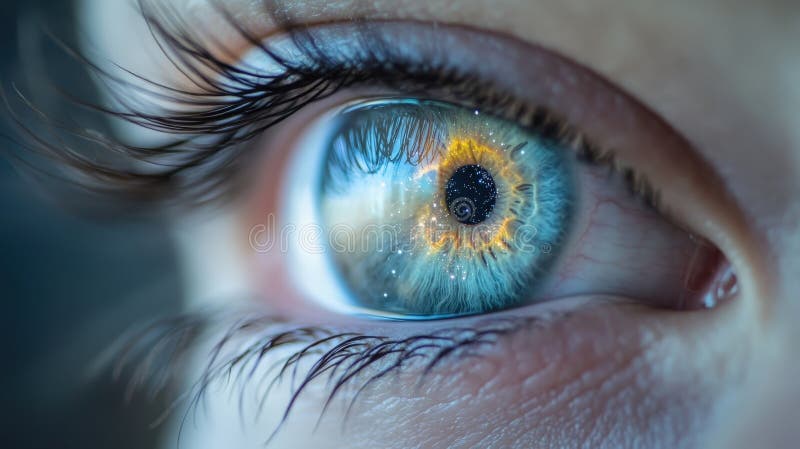Close-up of a stunning human eye showcasing vibrant blue and gold colors. Details emphasize the unique beauty of natural eyes royalty free illustration