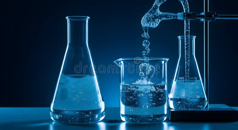 This image captures a dynamic scientific experiment in a dimly lit laboratory setting. Three pieces of glassware are prominently featured: two Erlenmeyer flasks and a beaker. A stream of clear liquid is being poured from a burette or pipette, suspended by a retort stand, into the beaker, creating ripples and bubbles. The liquid in all containers is clear and reflects the blue-toned lighting, highlighting the precision and activity of scientific research and development. Erlenmeyer flask burette illustrations
