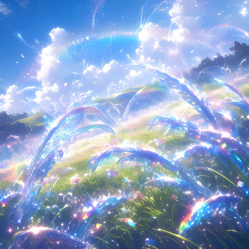 Radiant Rainbow Bubbles in a Field. This image captures the enchantment of nature s beauty and serenity. It features an array of rainbow-colored bubbles exploding in a field under a clear blue sky, creating a spectacle that is both mesmerizing and dreamlike. The vibrant hues and dynamic scene evoke feelings of wonder and joy, making it perfect for advertising campaigns, digital art collections, or as a backdrop for motivational content.