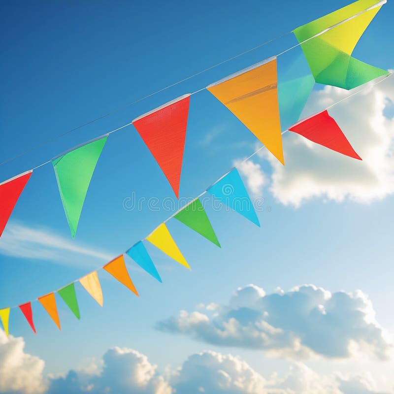 Vibrant pennant flags against a clear blue sky vector illustration