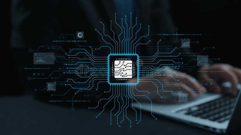Futuristic technology concept with processor chip, data connections, and digital interface elements representing stock illustration