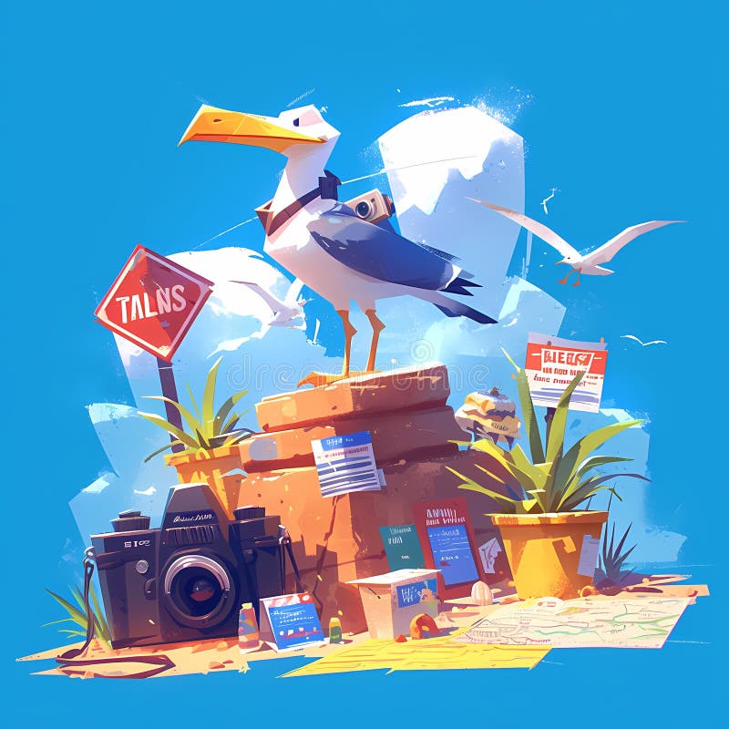 The image captures an idyllic beach scene rendered in a vibrant art style. A pelican is perched atop a stack of postcards with various tropical destinations such as 'Maldives' and 'Hawaii' visible, symbolizing travel and adventure. The ground is adorned with items including a camera, flippers, and buoys, suggesting recreational water activities. In the background, the blue sky with fluffy clouds adds to the overall cheerful and inviting atmosphere of the image. This illustration would be ideal for projects related to travel, beach vacations, marine life, or nature-themed content. The image captures an idyllic beach scene rendered in a vibrant art style. A pelican is perched atop a stack of postcards with various tropical destinations such as 'Maldives' and 'Hawaii' visible, symbolizing travel and adventure. The ground is adorned with items including a camera, flippers, and buoys, suggesting recreational water activities. In the background, the blue sky with fluffy clouds adds to the overall cheerful and inviting atmosphere of the image. This illustration would be ideal for projects related to travel, beach vacations, marine life, or nature-themed content.