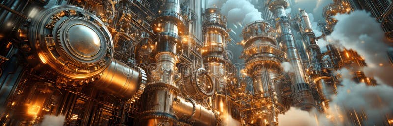 Futuristic Steampunk Metropolis: Intricate Bronze Pipes, Gears, and Bustling Streets with Dramatic Shadows and Human Ele stock illustration
