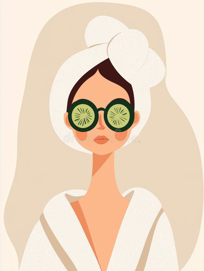 The image captures a serene moment of a woman enveloped in a soft, fluffy towel with cucumber slices placed over her eyes for a refreshing spa-like relaxation experience. The soothing setting promotes wellness and self-care, inviting viewers to indulge in tranquility. This image is AI-generated. Pampering experience stock images, royalty-free photos and pictures