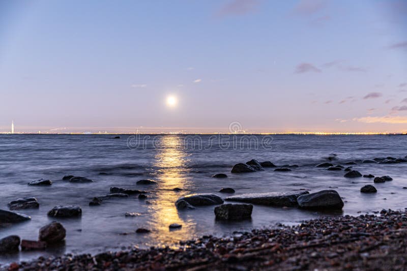 Moonlit View of the Neva River, St. Petersburg royalty free stock photos
