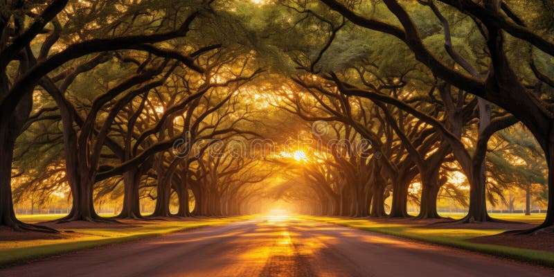 sunset sunrise summer mood. Road, driveway, path, boulevard, byway, route, track, trail, street, row of trees.