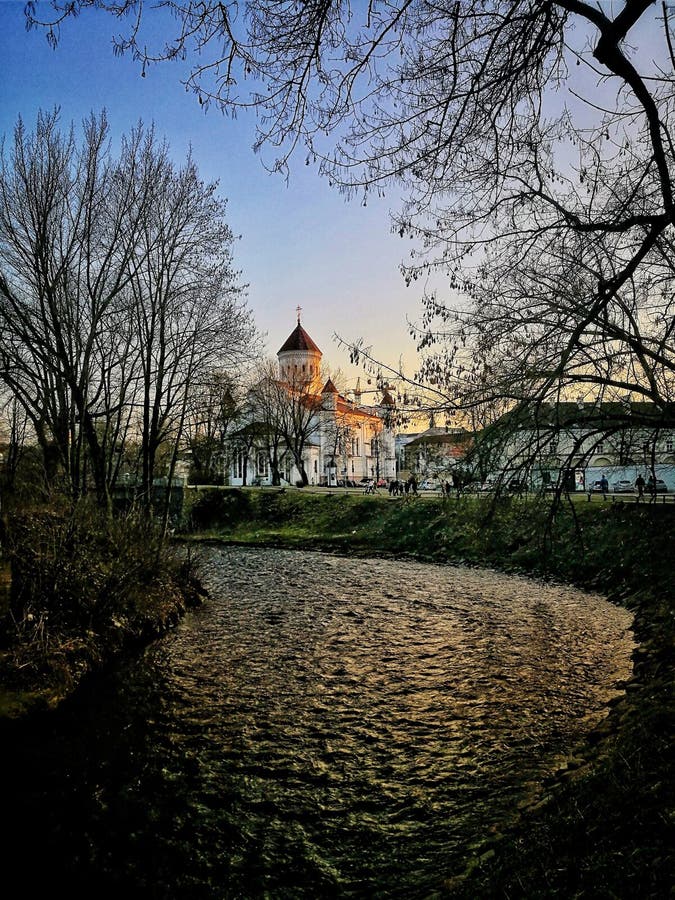 Beautiful sunset in the old town of Vilnius. Cathedral of the Theotokos stock image