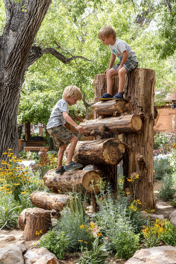 This image captures two children playing on a stack of wooden logs in a garden. The children are engaged in imaginative play, with one child climbing up the logs and the other appearing to be exploring or interacting with the logs. The garden is lush with greenery, including various plants and flowers, creating a natural and playful environment. The background is predominantly white, providing a. Children playing garden illustrations