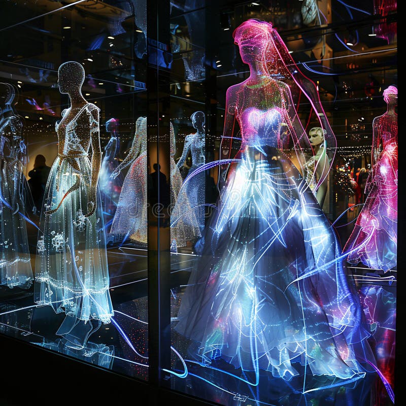 Colorful Neon Lights Illuminate Mannequins in Fashion Storefront Display at Night stock photography