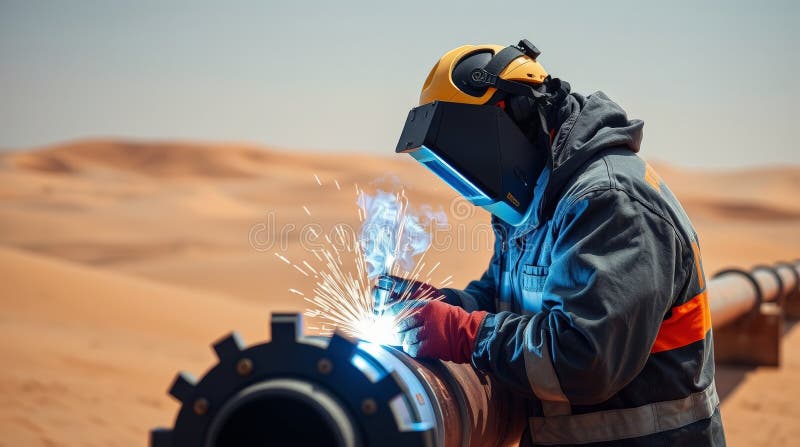 Skilled Welder Working on Desert Pipeline with Sparks Flying Amid Scenic Landscape royalty free stock images