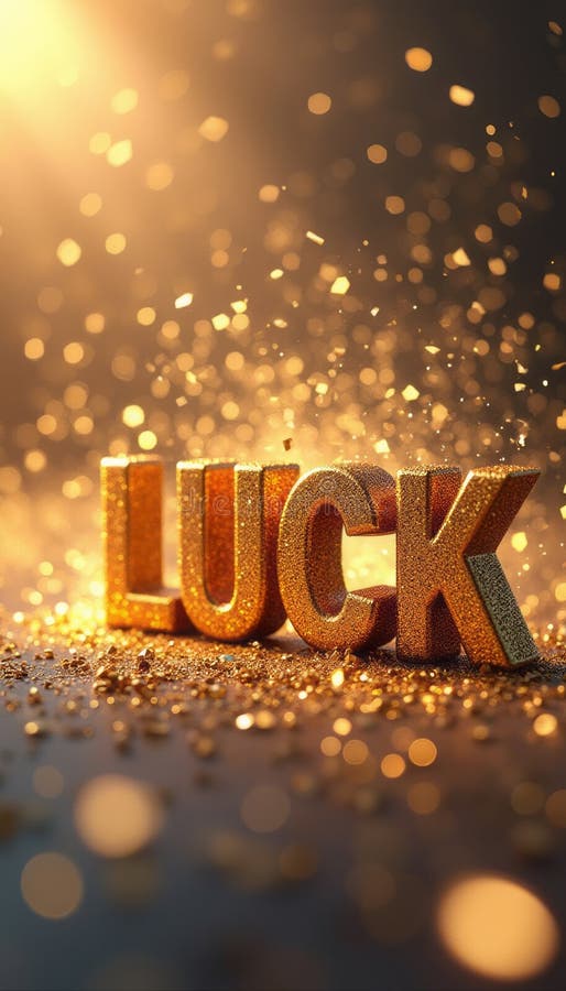 Sparkling golden letters spell LUCK amidst a shower of shimmering particles stock photos