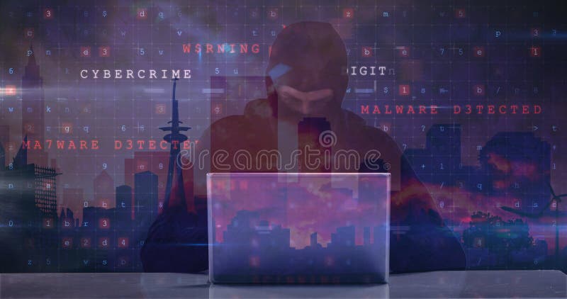 Image of caucasian male hacker and cyber attack warning over cityscape stock images