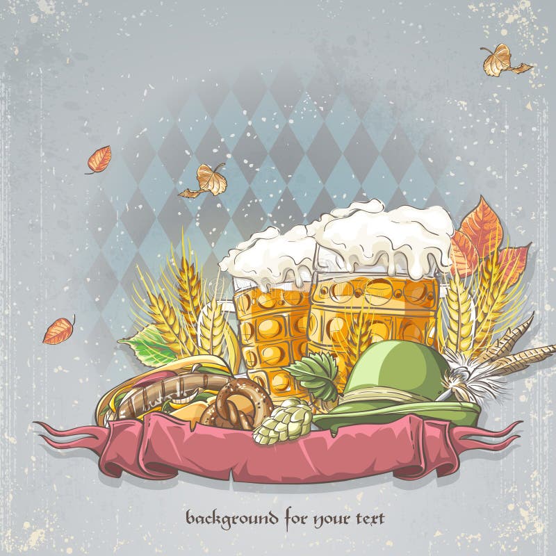 Image of a celebratory background oktoubest the steins of beer, hops, cones and autumn leaves stock illustration Image of a celebratory background oktoubest the steins of beer, hops, cones and autumn leaves stock illustration