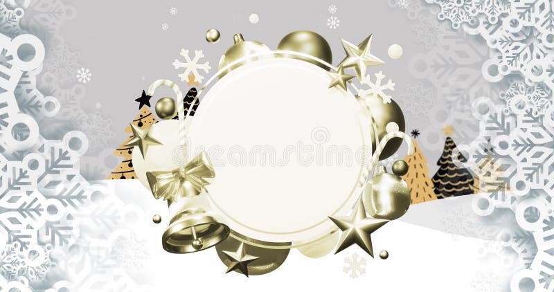 Image of christmas decorations around blank white circular sign over snow and winter landscape vector illustration