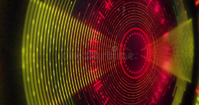 Image of circular red and yellow 3d light display flashing and rotating on black background stock illustration