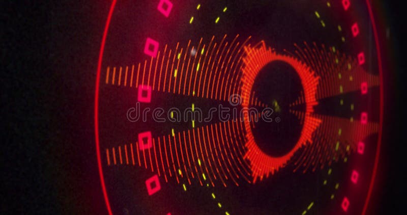 Image of circular red and yellow 3d light display flashing and rotating on black background vector illustration