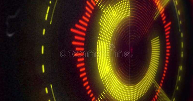 Image of circular red and yellow 3d light display flashing and rotating on black background royalty free illustration