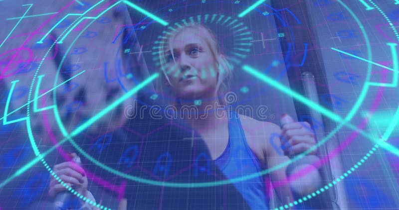 Image of circular scanner processing data over female athlete exercising royalty free stock photography