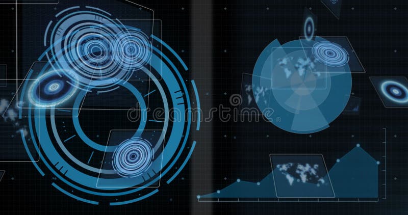 Image of circular scanners and loading rings processing data on black background. Data, global communication and digital interface concept digitally generated image.