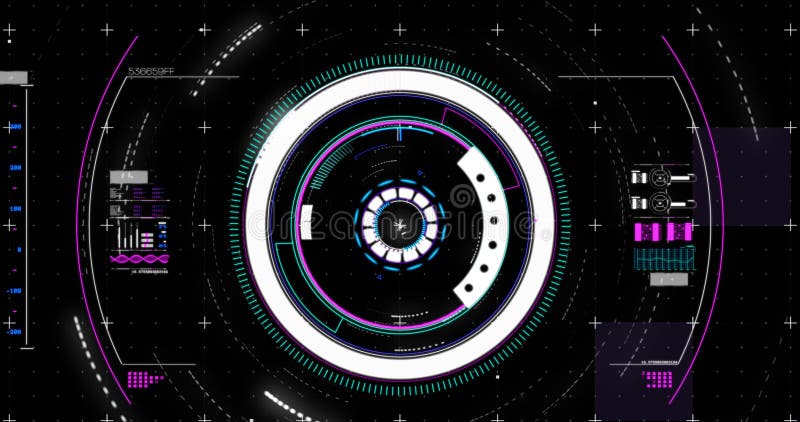 Image of circular scope scanning and digital interface showing statistics on a black background stock illustration