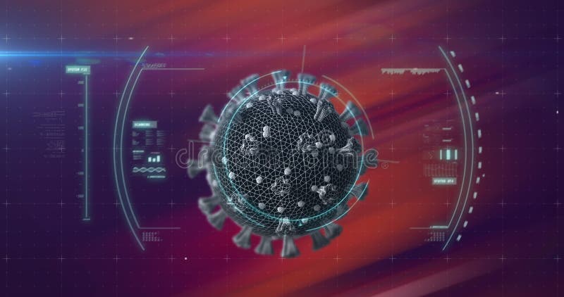 Image of circular scope scanning green covid 19 cell and data processing,on dark red stock illustration