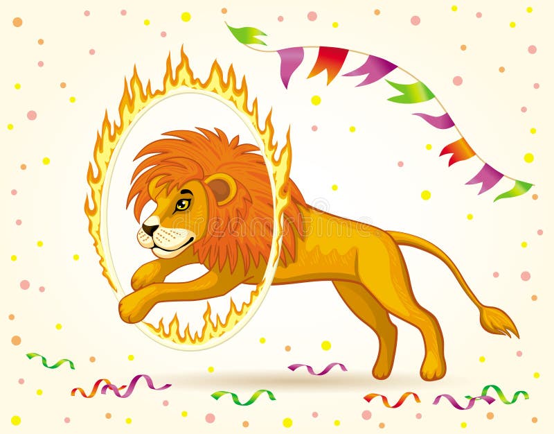 Image of a circus lion jumping through a burning Hoop. Vector image of a cartoon circus Lion jumping through a burning Hoop stock illustration Image of a circus lion jumping through a burning Hoop. Vector image of a cartoon circus Lion jumping through a burning Hoop stock illustration