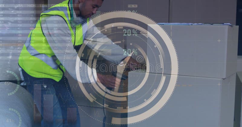 Image of clock and data processing over african american male worker scanning delivery boxes. Logistics business and technology concept