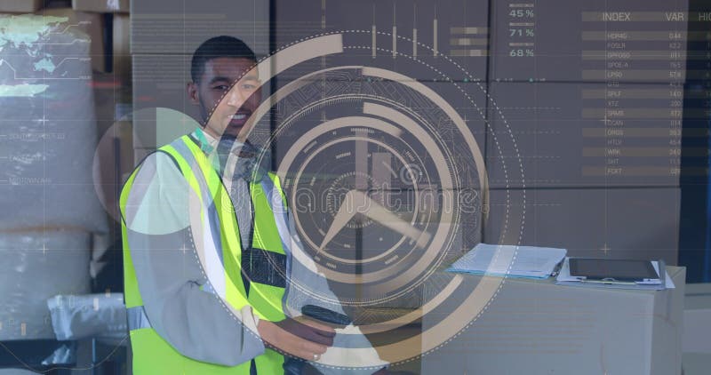 Image of clock and data processing over african american male worker scanning delivery boxes royalty free stock images
