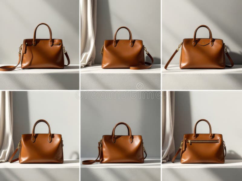 The image is a collage of six different views of a brown leather purse stock photos