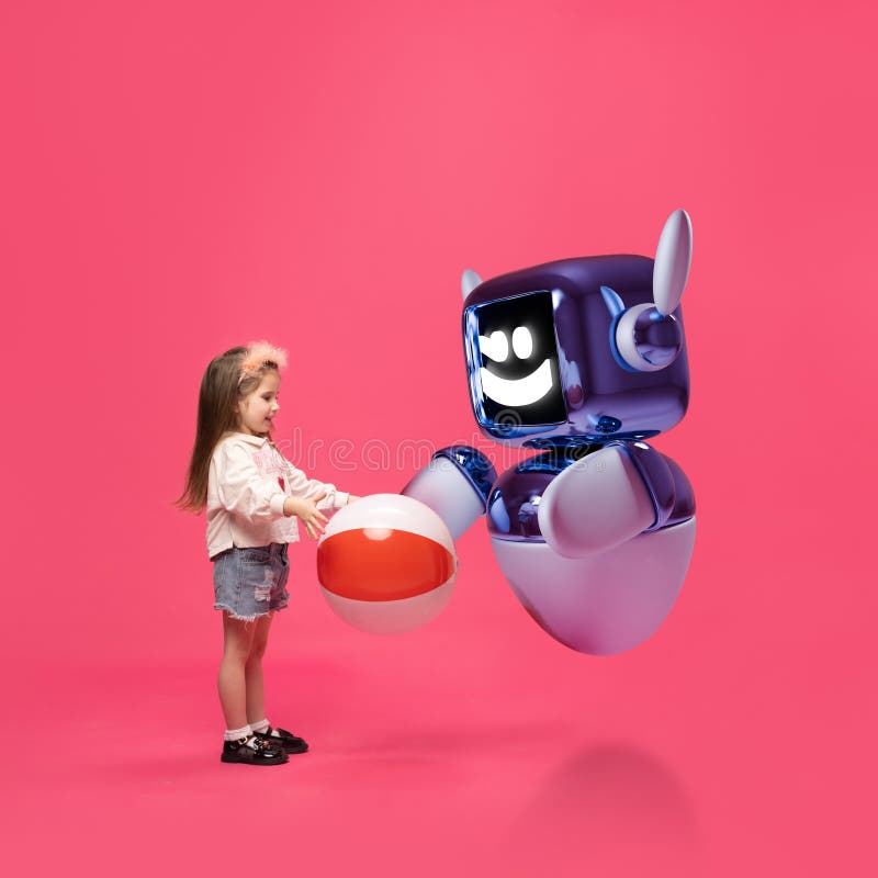 Image composite de l'interaction avec le modèle 3D du robot jouant avec la boule de jouets. Interaction ludique et technologie de photos stock