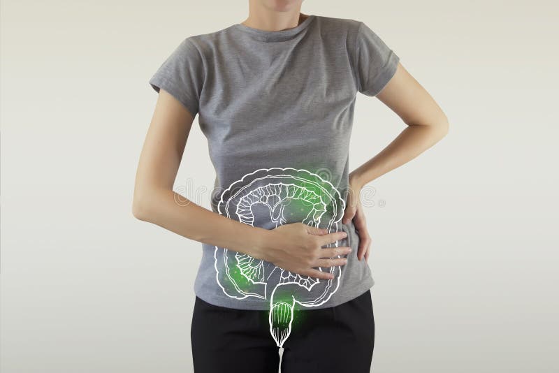 Image composite de l'intestin infecté en vert sur le corps de la femme photographie stock libre de droits