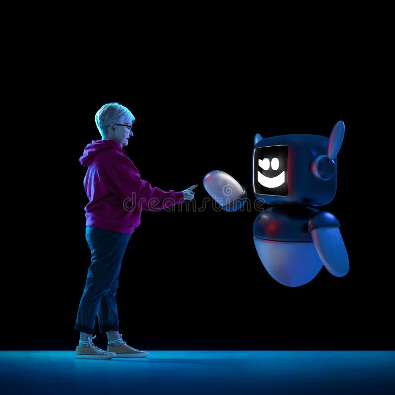 Image composite de la femme âgée interagissant avec le modèle 3D du robot exprimant la confiance transgénérationnelle dans l'artif photographie stock libre de droits