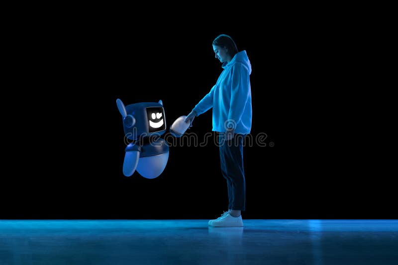 Image composite de la jeune femme interagissant avec le modèle 3D du robot secouant les mains visualisant le partenariat numérique photos libres de droits