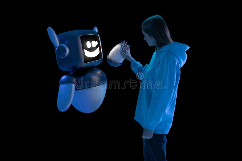 Image composite de la jeune femme interagissant avec le modèle robot 3D mettant en évidence la confiance entre intelligence artifi photos libres de droits