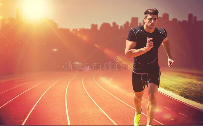 Image composée d'homme sportif pulsant sur le fond blanc images stock