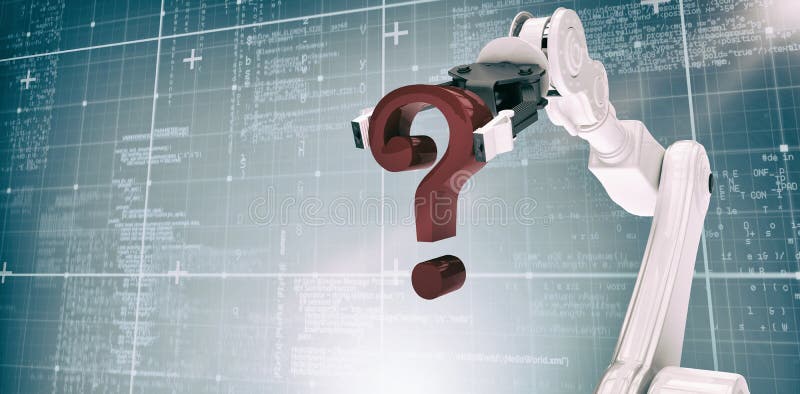 Image composée d'image composée du point d'interrogation robotique de participation de bras 3d image stock